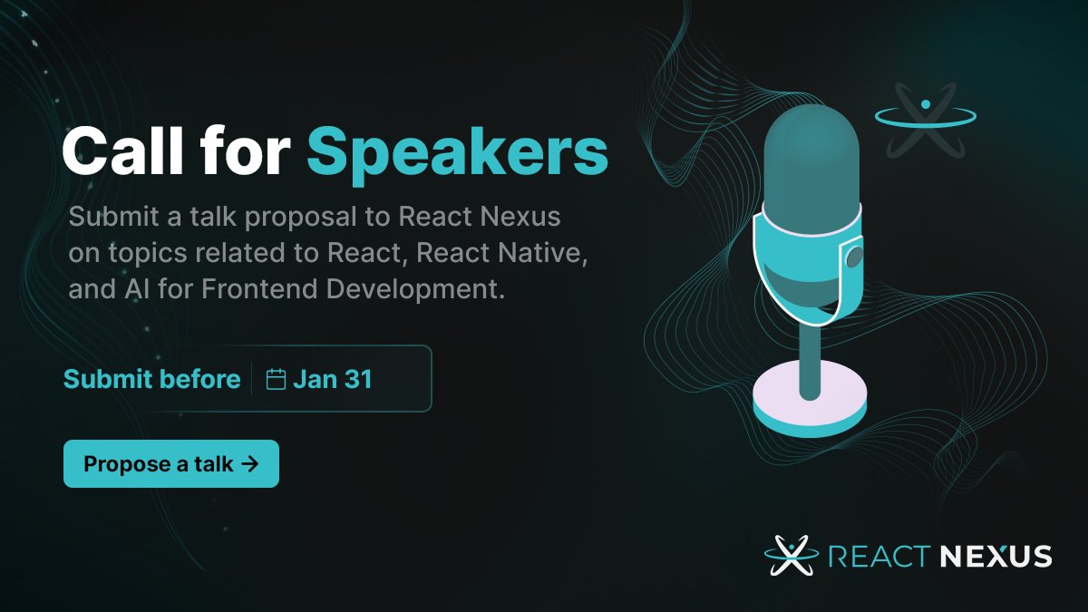 ReactNexus's tweet image. Call for Speakers for React Nexus 2026 is now open!

Got a great talk idea on React, React Native, or AI for Frontend? We want to hear it!

Propose a talk to share your insights with 750+ passionate React developers at the conference.

reactnexus.com/#cfp