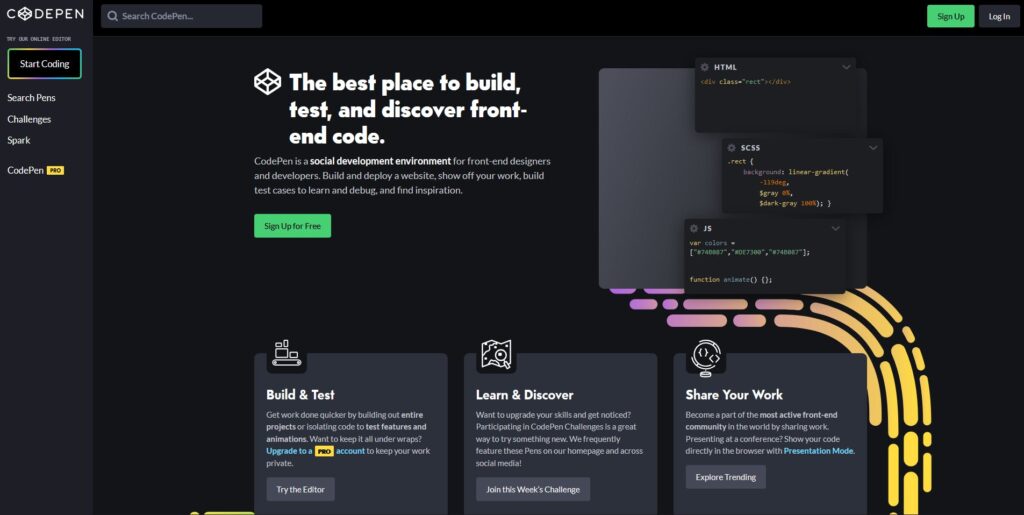 Shefali__J's tweet image. 🎯CodePen

CodePen is an online code editor where you can write HTML, CSS, and JavaScript. It’s great for experimenting with code and seeing the results immediately.
codepen.io