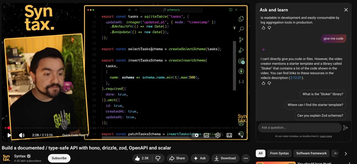 AjayCodeWiz's tweet image. AI Assistant in YouTube and plenty of other plugins are still limiting

They mainly use the subtitles (extract text) to answer questions.

They cannot access codes. It will be quite beautiful if someone could just create a chrome extension for that which analyses go to these time…