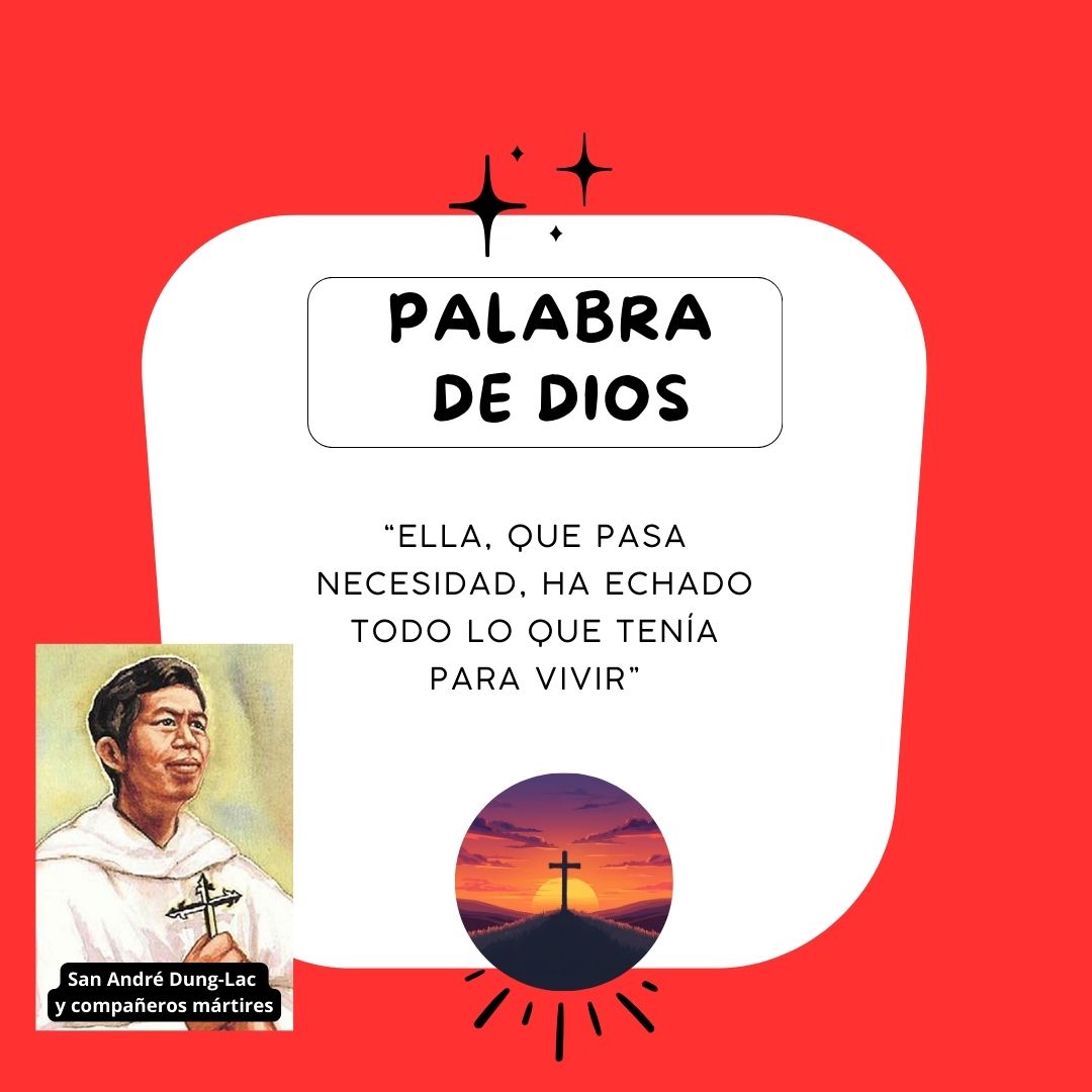 1) "Pasa necesidad": ¿Cuál es mi necesidad? ¿Qué tengo en el corazón? ¿De qué me conviene desprenderme? 
2) "Lo que tenía": ¿No es todo don? ¿Me creo dueño de mi vida? 
3) "Para vivir": ¿Mi objetivo es vivir y vivir para siempre con abundancia y plenitud eterna?