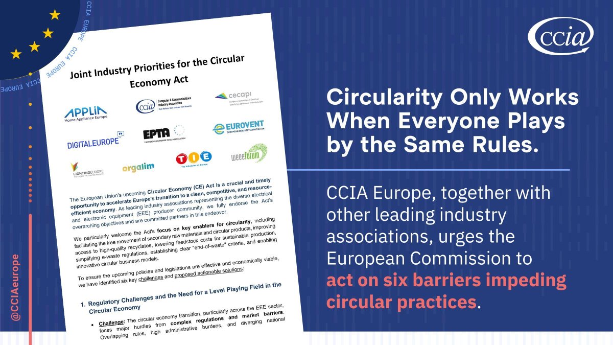 ♻️ Today, uneven #enforcement across Member States allows free-riders to dodge their #CircularEconomy obligations. 

We urge <a href="/EU_Commission/">European Commission</a> to act on 6️⃣ barriers impeding circular practices. 

👉 Joint statement: ccianet.org/library/joint-… #WEEEall4enforcement #CircularEconomyAct
