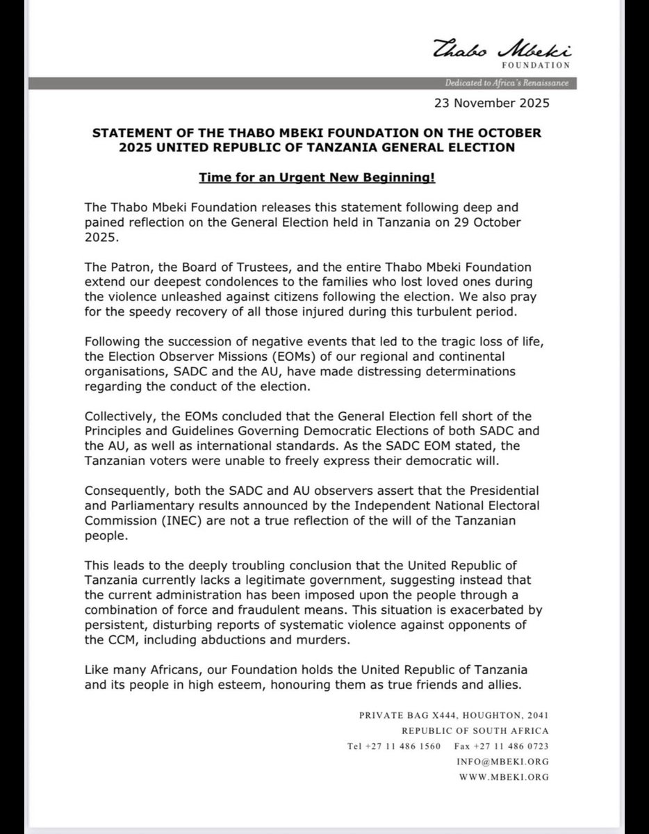 awamisammy's tweet image. THABO MBEKI ON TANZANIA 

&quot;This leads to the deeply troubling conclusion that the UR of Tanzania currently lacks a legitimate government, suggesting instead that the current administration has been imposed upon the people through a combination of force and fraudulent means.&quot;