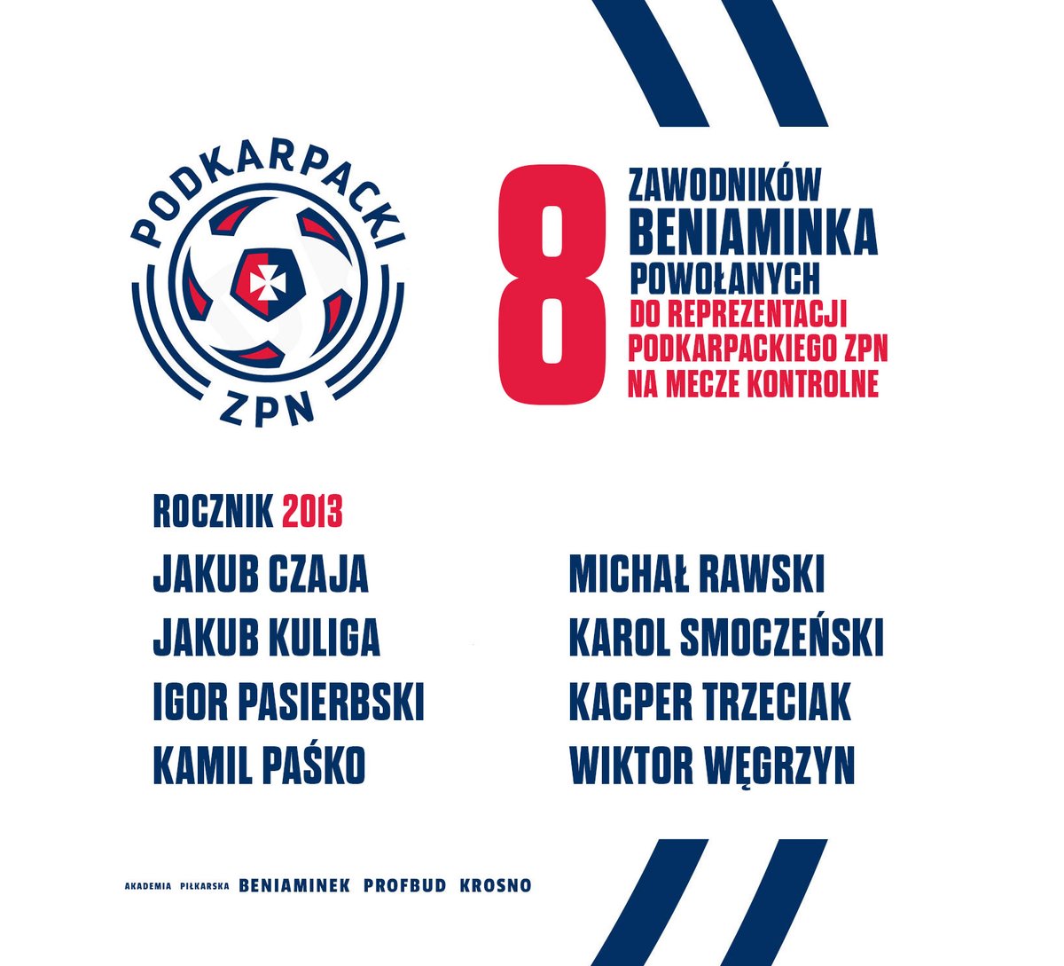 8 zawodników Beniaminka Profbud Krosno z rocznika 2013 powołanych do Reprezentacji <a href="/PodkarpackiZPN/">Podkarpacki ZPN</a> na mecze kontrolne z Lubelskim ZPN, Opolskim ZPN i Świętokrzyskim ZPN. 

Powodzenia "biało-niebiescy" ✊🤍💙

🟥 #PROFBUD - razem budujemy emocje sportowe.
