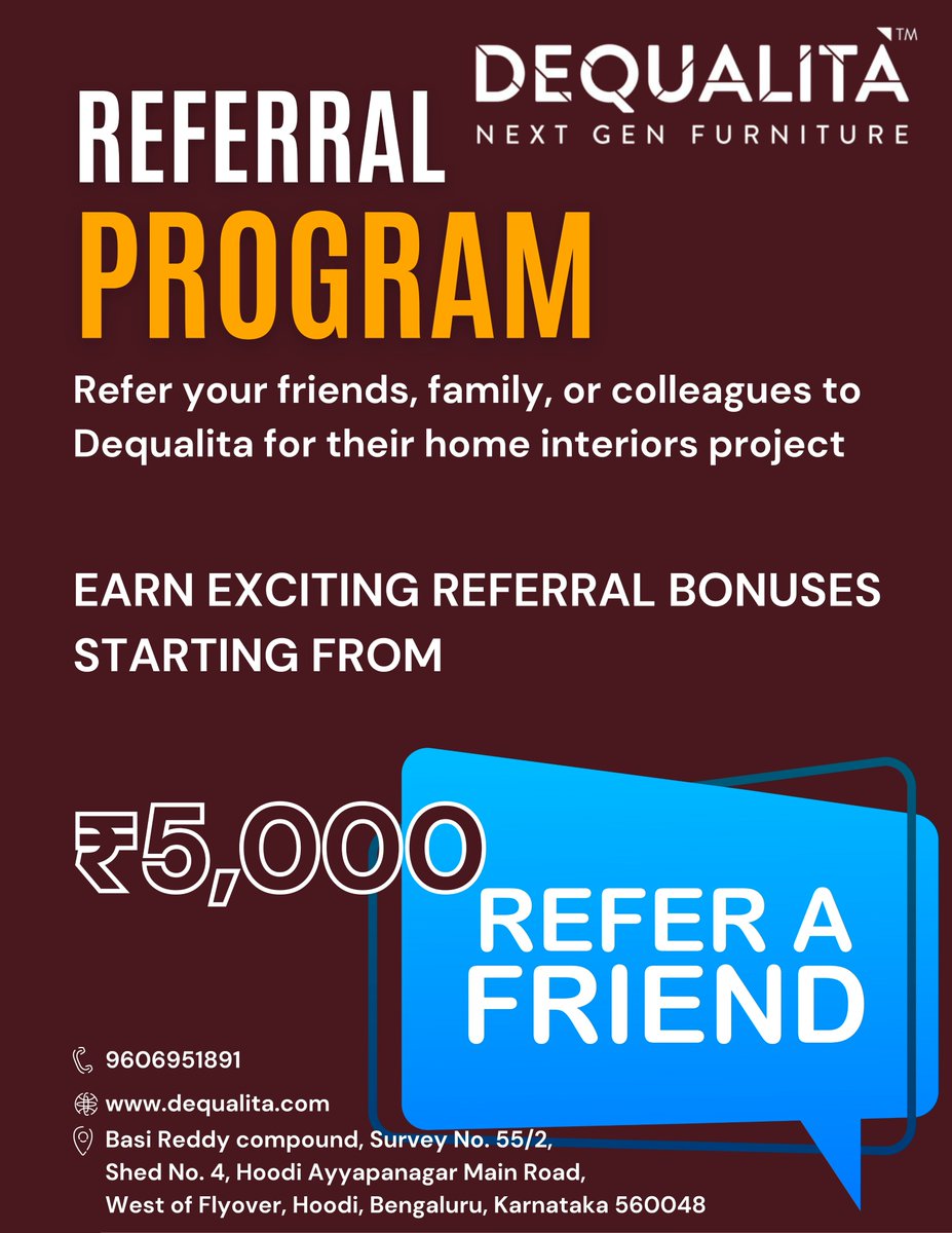 DeQualitaOnline's tweet photo. Know someone planning home interiors? Refer them to Dequalita and earn exciting referral bonuses starting from ₹5,000! #DequalitaInteriors, #HomeInteriorsBangalore, #InteriorDesignReferral, #ReferAndEarn, #ReferralBonus, #BangaloreHomes, #InteriorDesignExperts, #ModularInteriors https://t.co/X1MuLLWtoU