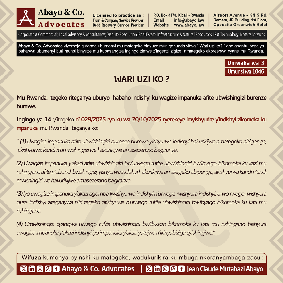 ◉  Wari uzi uburyo habaho indishyi ku wagize impanuka afite ubwishingizi burenze bumwe? 

Dore uko itegeko ribiteganya ⤵️ 

#SomaUmenyeAmategeko #ReadtoKnowtheLaws #TumenyeAmategekoAtugenga #bestlawfirminrwanda #bestlawyersinrwanda #Lawyersnearme #law #Rwanda #Rwandan #Rwandans