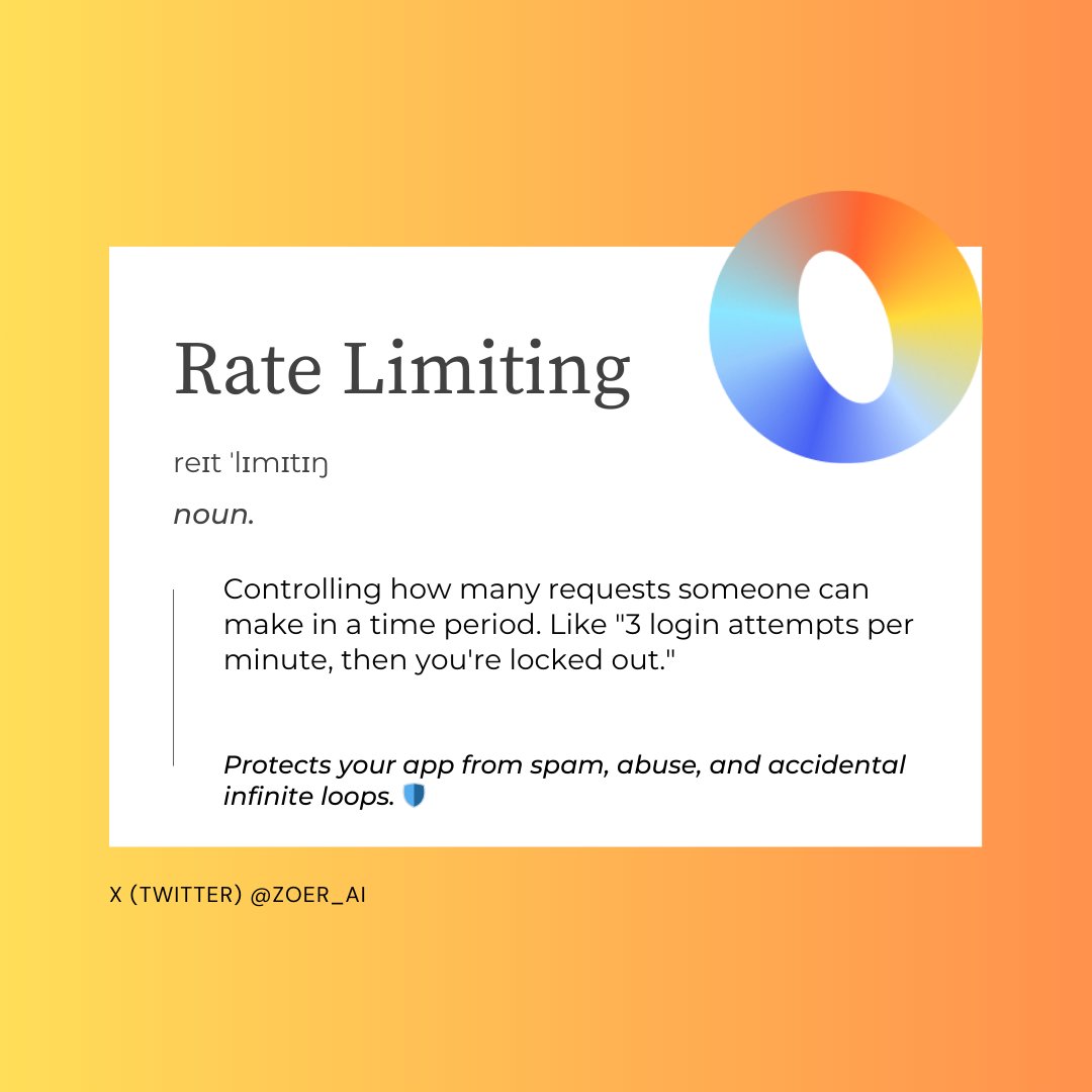 Zoer_ai's tweet image. In Zoer: Rate limiting is automatically applied to protect your app from abuse.

Sensible defaults for API calls, form submissions, and login attempts—no configuration needed. 🔐

#AIGlossary #NoCode #BuildWithAI