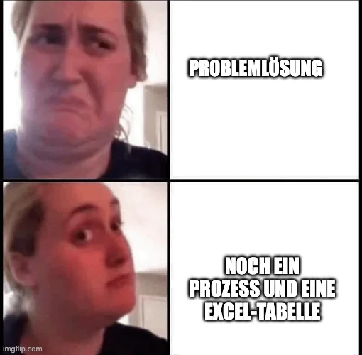 2 Bilder, auf beiden ist eine Frau zu sehen, die zunächst irritert-angeekelt dreinblickt. Sie ist mit "Problemlösung" betitelt. Im zweiten Bild blickt sie interessiert und ist mit "Noch ein Prozess und eine Excel-Tabelle" betitelt.