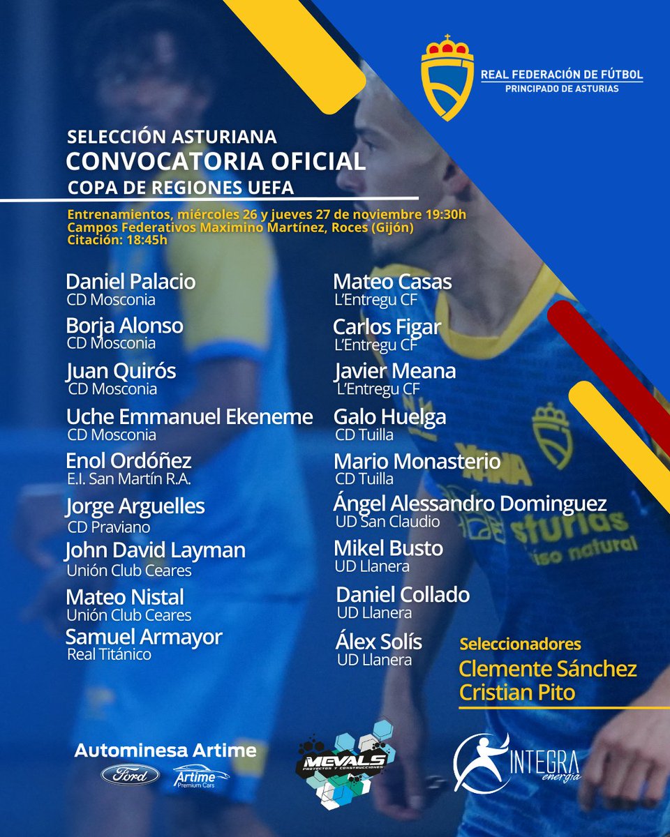 🅂🄴🄻🄴🄲🄲🄸🄾🄽🄴🅂 🄰🅂🅃🅄🅁🄸🄰🄽🄰🅂 🔵🟡

📑 Citación para los dos últimos entrenamientos (miércoles y jueves) de la Selección de Copa de Regiones <a href="/UEFA/">UEFA</a> que el fin de semana disputa la Primera Fase en Navarra