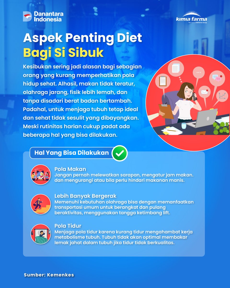 kimiafarmaind's tweet image. Hidup sibuk bukan alasan buat asal makan!
Banyak orang berpikir diet sehat itu ribet, padahal kuncinya ada di keseimbangan dan kebiasaan kecil yang konsisten.
Yuk kenali aspek penting diet sehat yang tetap bisa jalan meski kamu super sibuk! 💪

#infokesehatan #tipsdiet #dietsehat