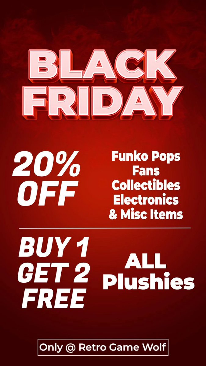 RetroGameWolfUT's tweet photo. It's the time you all have been waiting for: announcing this year's Black Friday sales! Get up to 75% off the entire store from Black Friday (11/28) to Cyber Monday (12/1), only in store (sorry online friends)!

We'll be open Friday from 10am-10pm. #retrogamer #retrogames #retro https://t.co/JJu1qRtYLK