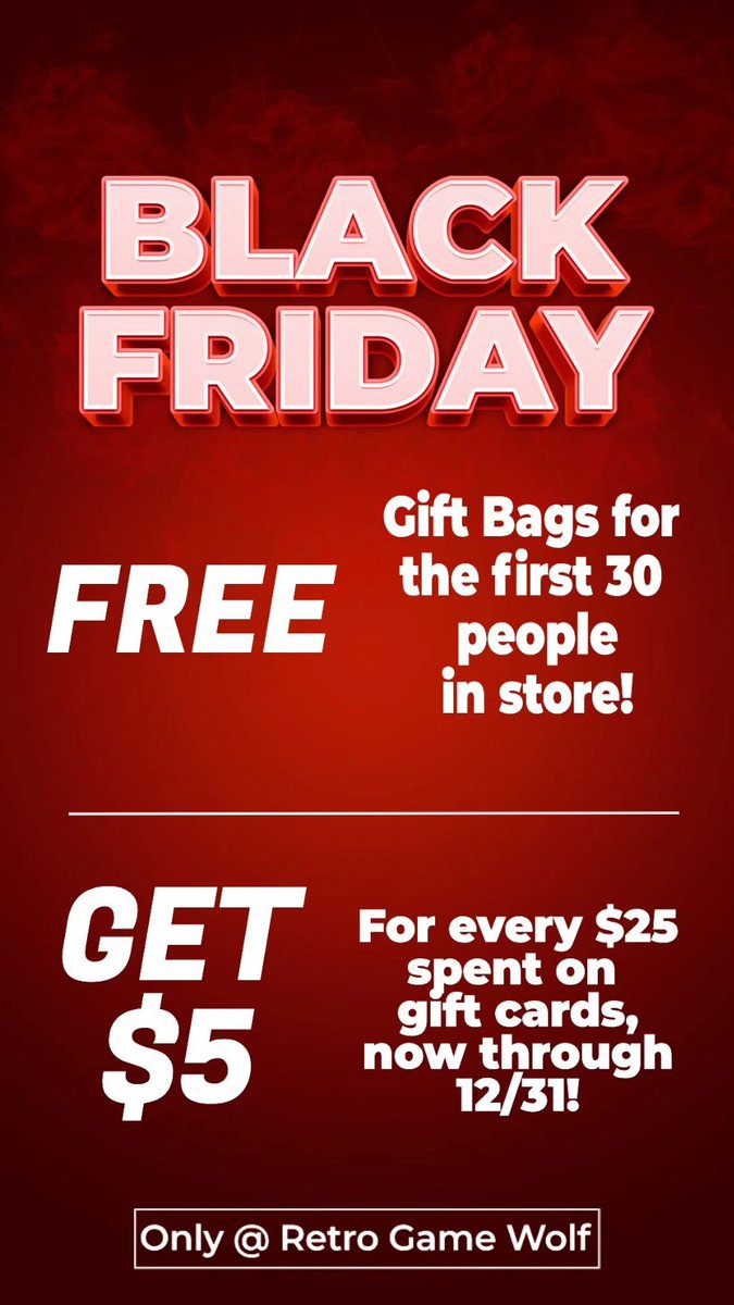 RetroGameWolfUT's tweet photo. It's the time you all have been waiting for: announcing this year's Black Friday sales! Get up to 75% off the entire store from Black Friday (11/28) to Cyber Monday (12/1), only in store (sorry online friends)!

We'll be open Friday from 10am-10pm. #retrogamer #retrogames #retro https://t.co/JJu1qRtYLK