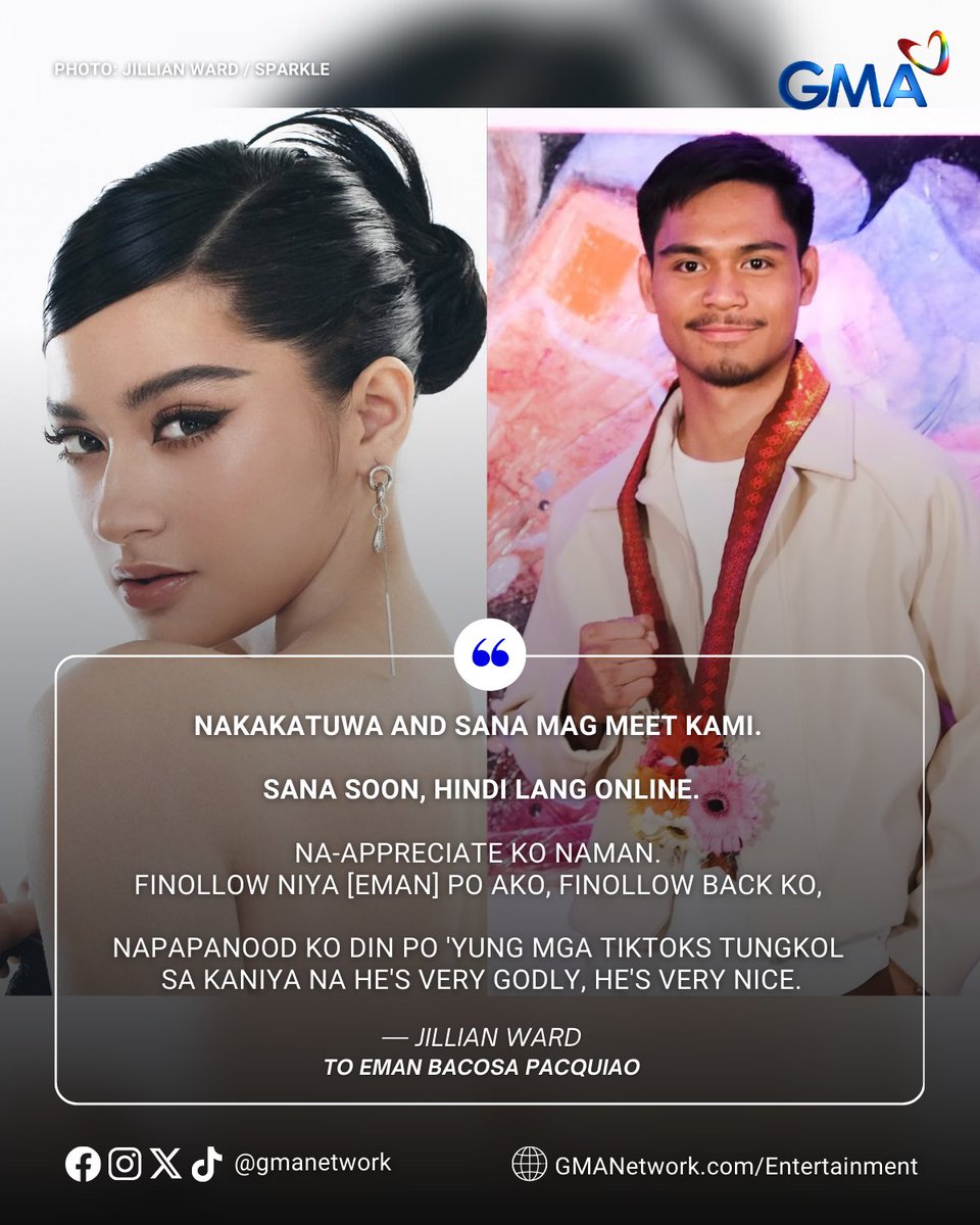 gmanetwork's tweet image. &apos;SANA SOON, HINDI LANG ONLINE.&apos; 🤩

Star of the New Gen and &apos;KMJS Gabi ng Lagim&apos; star #JillianWard hopeful to meet #EmanBacosaPacquiao. ✨ 

#KapusoTalks
#KapusoShowbizNews
