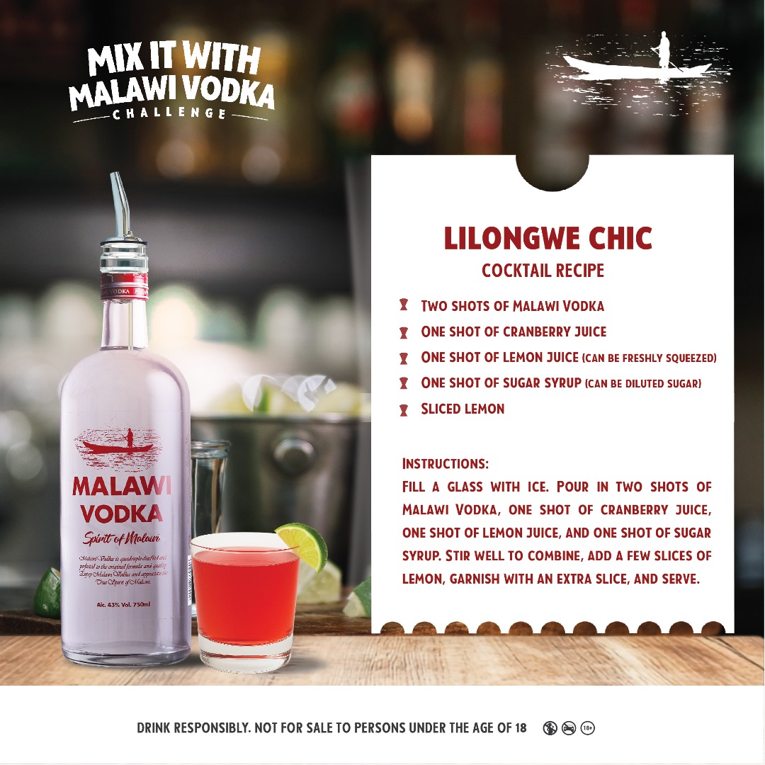 Today's cocktail challenge: Lilongwe Chic 

Stylish, confident, and cosmopolitan — just like the heart of Malawi. A smooth Malawi Vodka mix with cranberry, lemon, and a touch of sweetness for that perfect city elegance. ⤵️