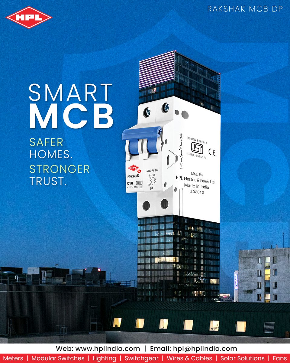 HPL_Official's tweet photo. Keep your home safer with HPL Smart MCB.
Built for strong protection, reliable performance and everyday peace of mind.
Smarter homes start with smarter safety. Choose trust.
Choose HPL.
#HPLIndia #SmartMCB #HomeSafety #Switchgear #MadeInIndia https://t.co/SPc8KLXtGW