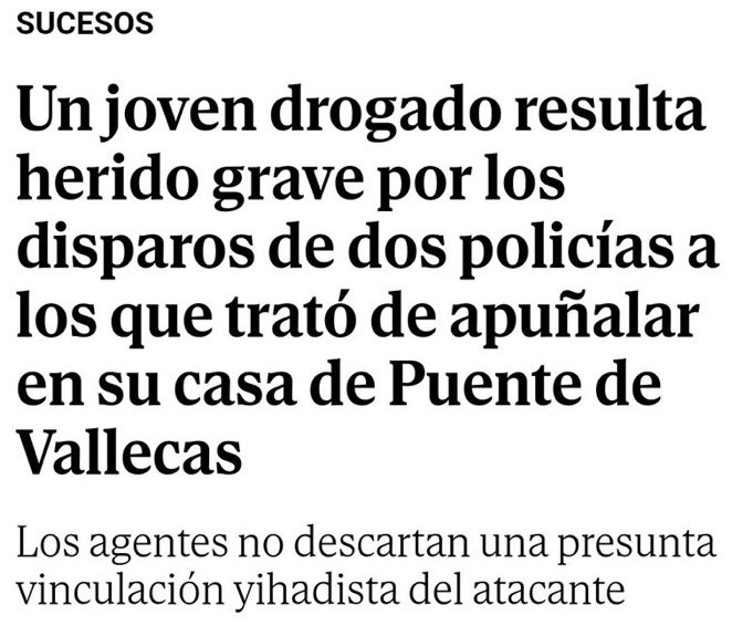 Doct_Tricornio's tweet image. 🔴El titular del panfleto “Lo Mundo”

🔴La traducción para gente normal: “un jovenlandés es abatido tras intentar cargarse a varias personas tras su grito religioso en Vallecas, en lo que a todas luces parece un atentado terrorista”

Mierda de prensa al servicio de la Agenda