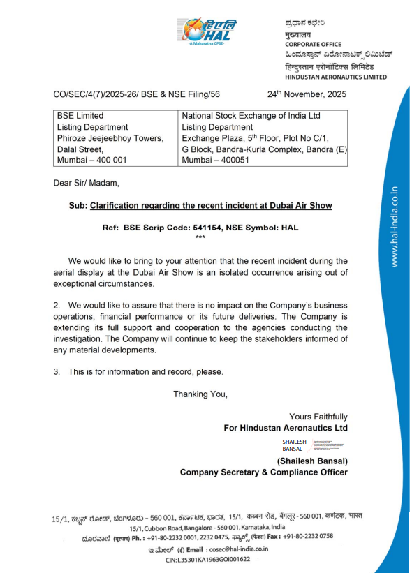 ANI's tweet image. HAL issues a statement - &quot;We would like to bring to your attention that the recent incident during the aerial display at the Dubai Air Show is an isolated occurrence arising out of exceptional circumstances. We would like to assure that there is no impact on the Company’s…