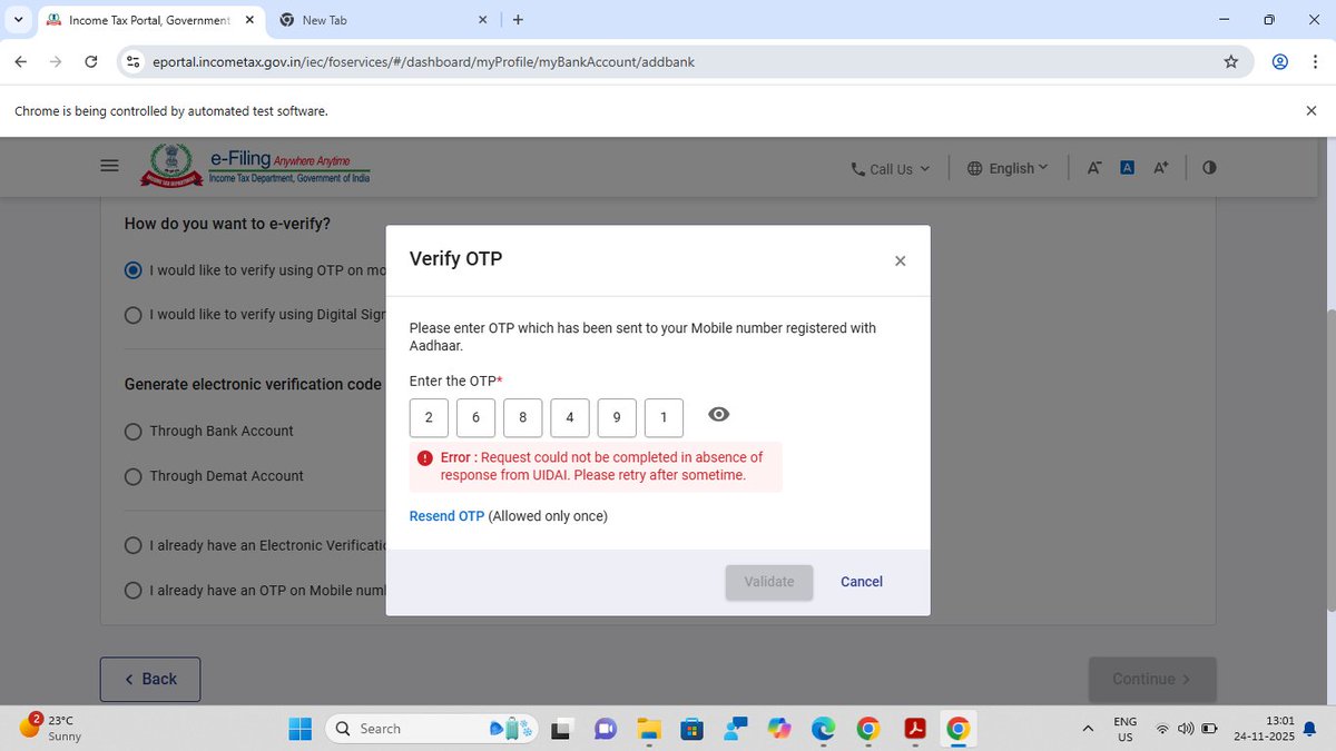 lakshay28's tweet photo. @IncomeTaxIndia
Every time we try to validate the bank account for refund processing, the portal shows this error“Request could not be completed in absence of response from UIDAI. Please retry after sometime" 
our refund is getting delayed.
Request your urgent help.
SS attached https://t.co/Xv1y11Swj2
