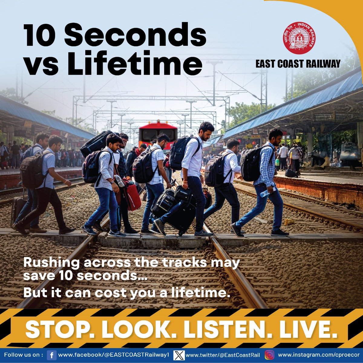 EastCoastRail's tweet image. Your life is precious. Don’t risk it for a shortcut.
Use the Foot Over Bridge—never cross the tracks.

#RailwaySafety #BeSafe #YourLifeMatters #ECoRupdate

@RailMinIndia