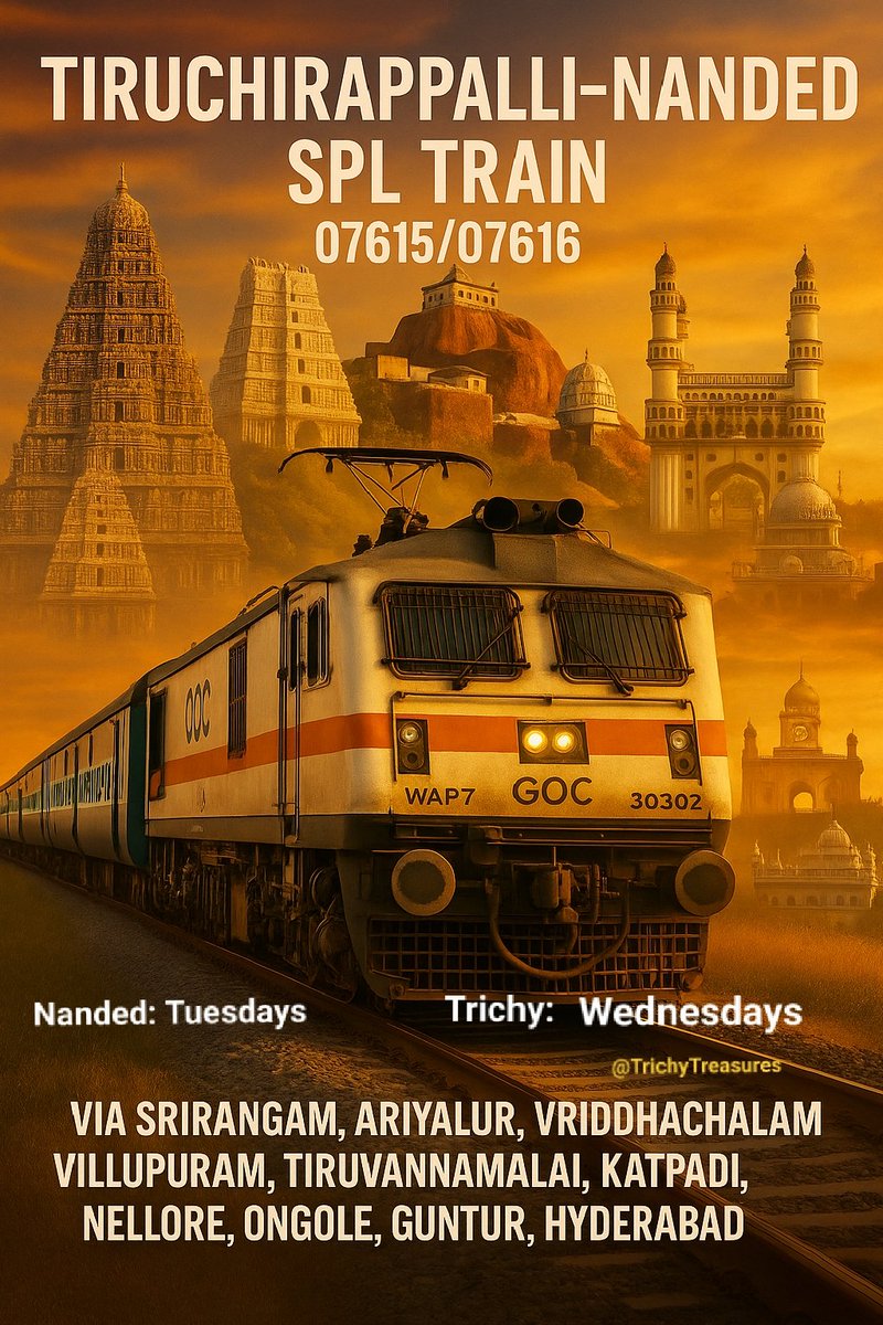 TrichyTreasures's tweet image. 07615/07616 Nanded-Tiruchirappalli-Nanded weekly spl train connects Trichy with #Tiruvannamalai, #Katpadi, #Tirupathi, Nellore, Ongole, Guntur, #Hyderabad (Charlapalli),Nizamabad, #Nanded. #Trichy #Srirangam @GMSRailway @RailMinIndia @gmscrailway  @drmned @drmgnt