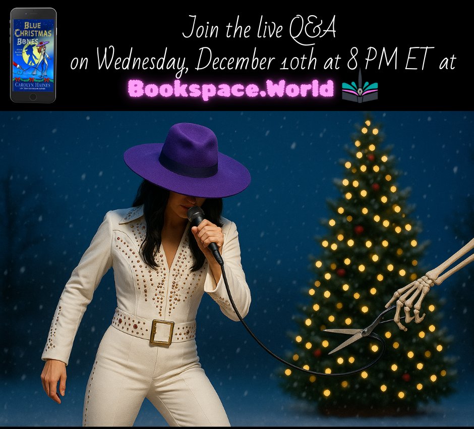 I'm all shook up, buttercup! Shoutout to <a href="/Writerspace/">Writerspace</a> for hosting me at bookspace.world on the night of December 10th! Come chill with me!!! #cozymystery #elvis They chose BLUE CHRISTMAS BONES as book of the month 🦴💙📚