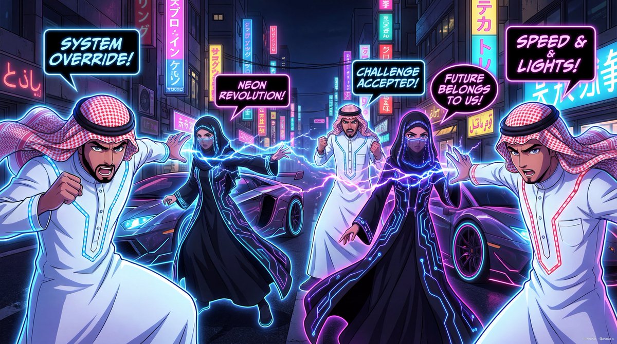sara4ai's tweet image. Nano Banana by Hailuo AI
A neon anime challenge inspired by Saudi racing energy.
Traditional outfits… glowing speed… and sparks flying between rivals.
Who owns the track? ⚡🚗💥

💬Prompt: multiple anime characters wearing stylized Saudi traditional clothing 
(thobe, shemagh,…