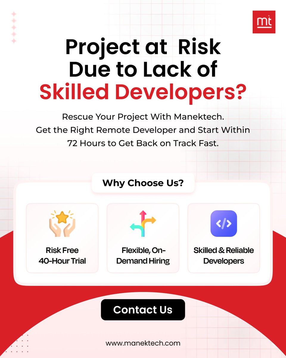 ManekTech's tweet image. Project at Risk Due to a Lack of Skilled Developers?

Don’t let delays or talent gaps slow you down. With ManekTech, you can instantly strengthen your team and bring your project back on track.

Contact ManekTech.

𝐖𝐡𝐚𝐭𝐬𝐀𝐩𝐩: wa.me/+918511428441

#RemoteDevelopers