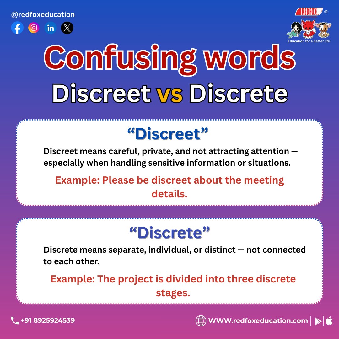 RedFox_EdTech's tweet image. ✨ #ConfusingWords : Discreet vs Discrete
Many English learners mix these two words—but they have completely different meanings!

Visit: redfoxeducation.com/courses/englis…

#englishlearners #english #learnenglisheveryday #funnyenglish #dailyenglish #RedFoxEducation