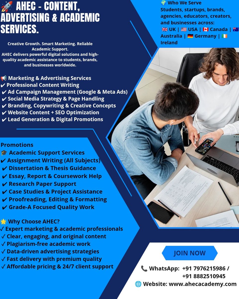 Assignment4_you's tweet image. 🚀 Elevate your brand &amp;amp; academic success with AHEC — smart content, advertising &amp;amp; academic support for global clients.
From marketing strategy to assignments &amp;amp; research help, we deliver quality you can trust.

📞 +91 7976215986 | +91 8882510945
🌐 ahecacademy.com
