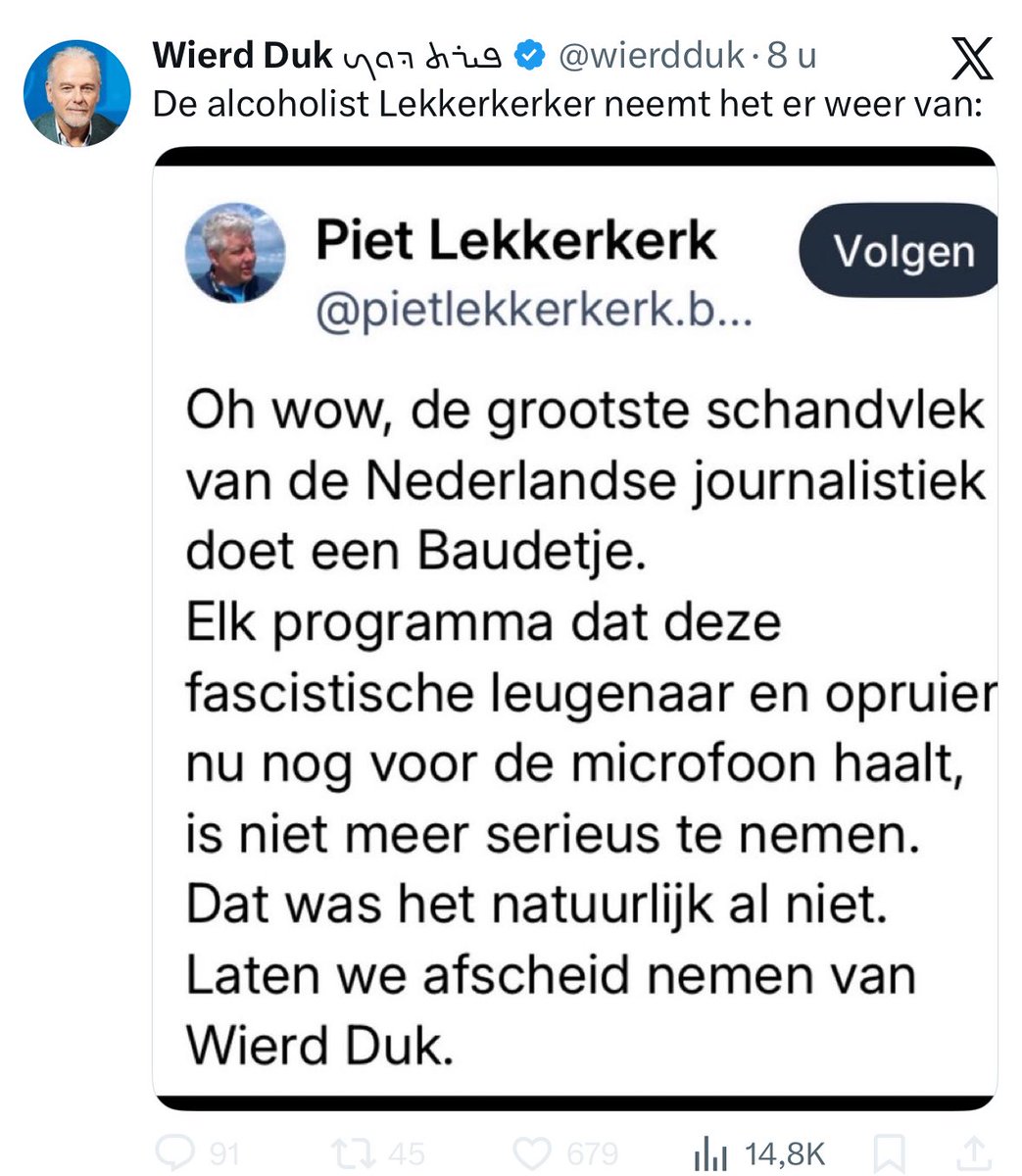 De enige die ik in verschillende praatprogramma’s grote bellen wijn naar binnen heb zien klokken is Wierd Duk, steeds als iemand hem tegensprak, bijv. Olaf Koens, die hij er ook al van beschuldigde alcoholist te zijn. Grappig detail is dat toen hij eergisteren wegliep vanwege