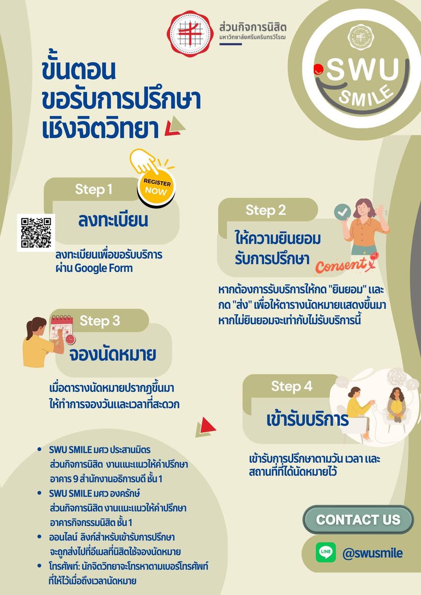 SwuSmile's tweet photo. บริการให้การปรึกษาด้านสุขภาพจิต #มศว #ดูแลสุขภาพใจ https://t.co/vIo6IUy30I