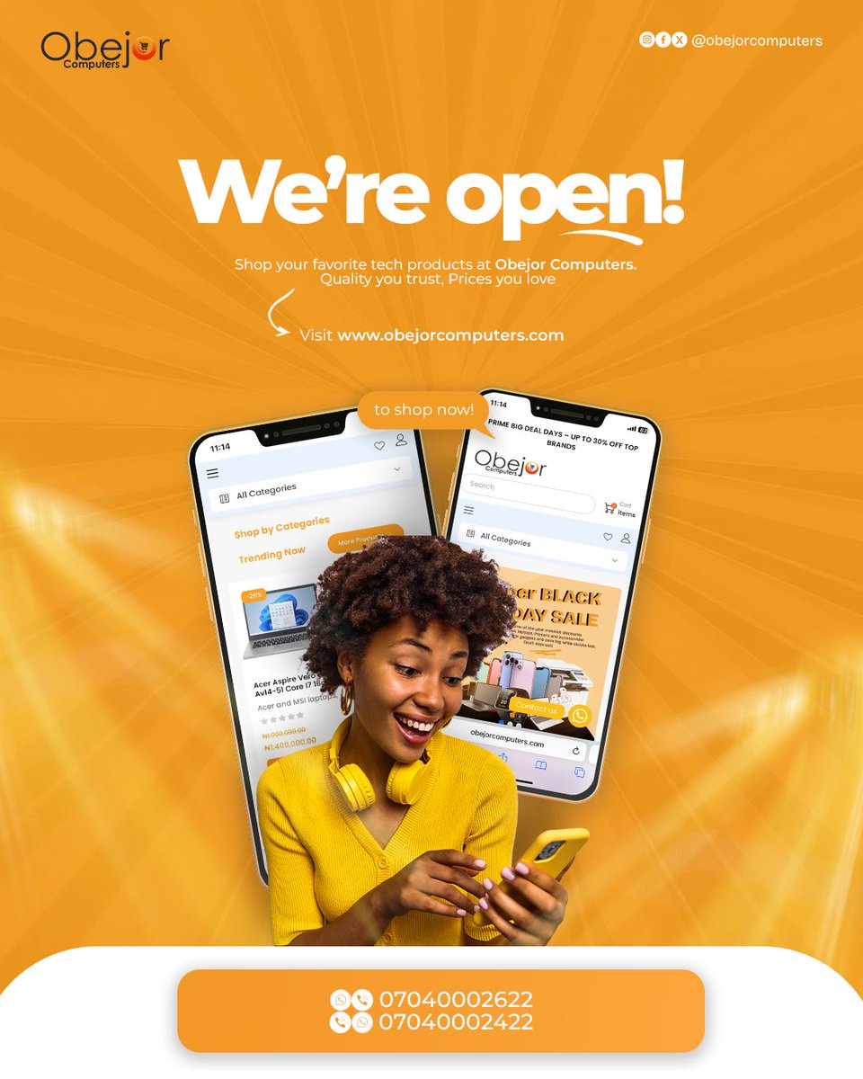 obejorcomputers's tweet image. It’s a new week! 🌟
We’re open shop your favorite tech products at Obejor Computers. Quality you trust, prices you love!💥💯

Shop laptops, phones, printers &amp;amp; more today.
visit obejorcomputers.com
🛒 Shop Smart. Shop Obejor.

#ObejorComputers #NewWeekNewTech #TechDealsNaija