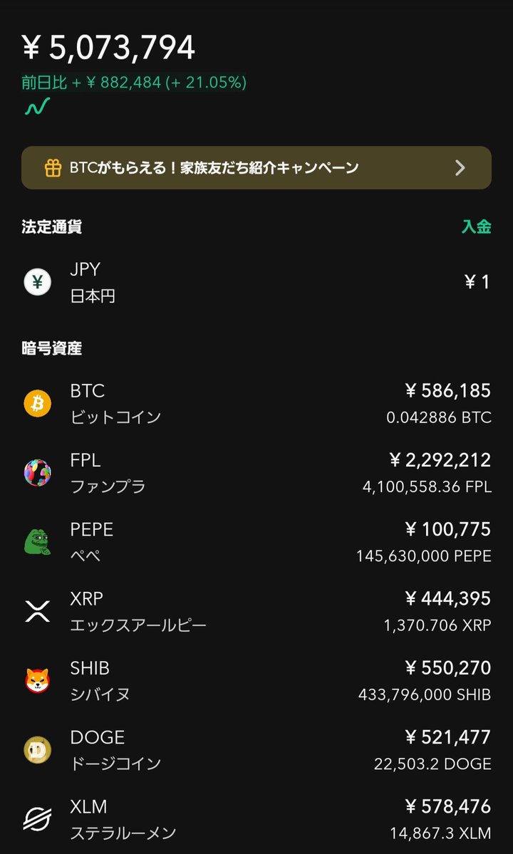【仮想通貨(Coincheck)】
2025.11.25.16:35

🔥FPL(ファンプラ)
🔥XRP(リップル)
🔥SHIB(シバイヌ)
🔥DOGE(ドージコイン)
🔥BTC(ビットコイン)
🔥PEPE(ぺぺ)
🔥XLM(ステラルーメン)

資産合計:5,000,000円
-----------------------------
✅️FPL:11/12-21
✅️その他銘柄:11/23-24

2025最終買付です