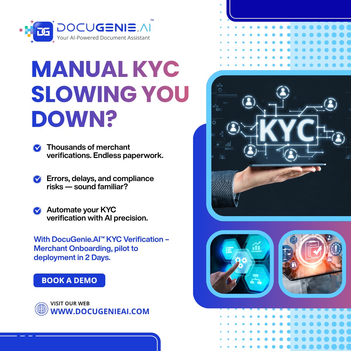 SecureKloudTech's tweet image. Paperwork, delays &amp;amp; inconsistent KYC checks slowing you down? ​

DocuGenie AI™ KYC Verification— Go from pilot to deployment in 2 days.​

Contact us: docugenieai.com | sales@securekloud.com​

#FintechAI #KYCVerification #DocuGenieAI