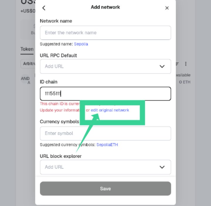 JeskyAileen's tweet image. 3. Copy the Chain ID &quot;11155111&quot;.
And paste it in the &quot;Chain ID&quot; field. If there&apos;s an error status showing &quot;update your information&quot;, click &quot;Edit Original Network&quot;.
It will automatically fill in each field, and click save.