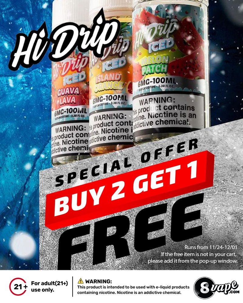 EightVape's tweet photo. π₯ Hi Drip B2G1 is LIVE! π₯
Stock up on your favorite iced flavors and get a free bottle automatically (or via pop-up).
ποΈ 11/24β12/01
π Grab yours now: https://t.co/YlkEZ1q1qe
#HiDrip #8Vape #VapeDeals #Buy2Get1 #EjuiceSale #VapeJuice #VapingCommunity ππ¨ https://t.co/D4fIo1fhZ6