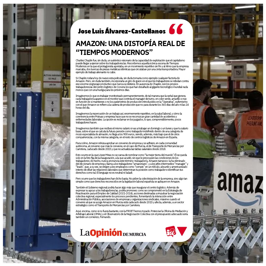 ❌ AMAZON RMU1: UNA DISTOPÍA REAL DE “TIEMPOS MODERNOS”

Mientras se presume de “innovación”, en el centro logístico de Amazon en Corvera la realidad es otra: vigilancia constante, ritmos inhumanos, salarios que no llegan a fin de mes y un convenio caducado desde 2015. Chaplin lo