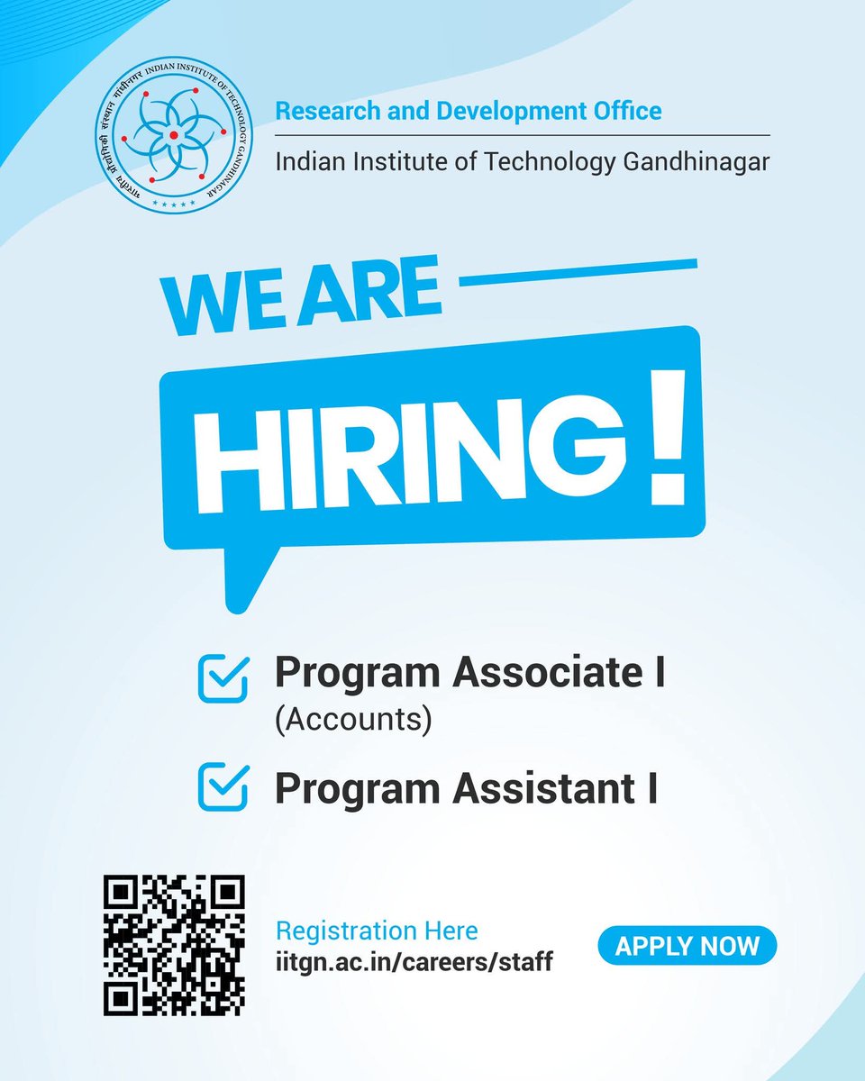 Job Alert! 🚨 IITGN Research &amp; Development Office is Hiring!
Apply for:
Program Associate I (Accounts)
Program Assistant I
Support innovation &amp; admin excellence at IITGN. Last date: Nov 30, 2025.
Details &amp; Application: iitgn.ac.in/careers/staff
#IITGN #Hiring #recruitment