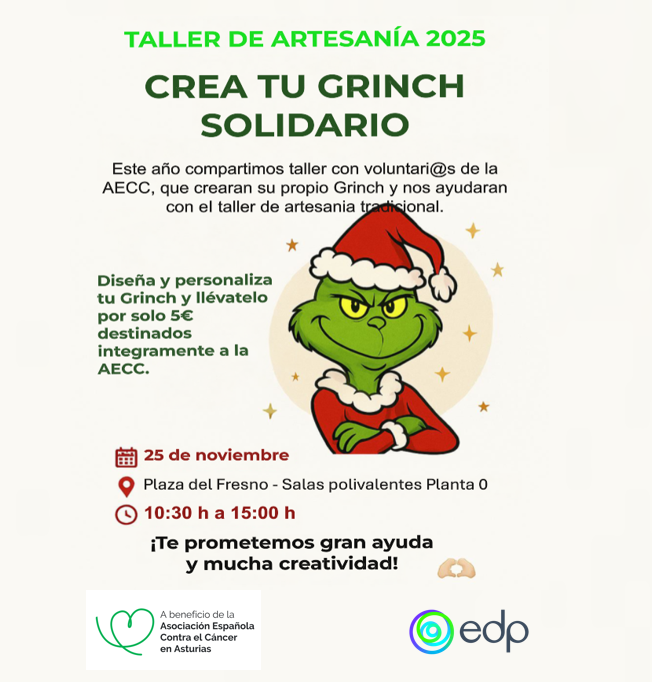 ContraCancerAST's tweet image. Taller de artesanía 2025. Este año compartimos el taller de voluntariad@  creando un Grinch con @edp.es 🎄Las ventas son destinadas a @contraelcancer.asturias
👉 25 de noviembre
💚Plaza del Fresno
🕛 De 10:30  15:00H

#contraelcáncerasturias #asturias