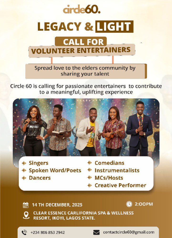 Circle60_'s tweet image. CALL FOR VOLUNTEERS
Circle60 invites singers, poets, dancers, comedians, and creative minds to come share love at Legacy &amp;amp; Light.

Let’s make December 14th unforgettable for our Elders.

To volunteer, send an email to: contactcircle60@gmail.com