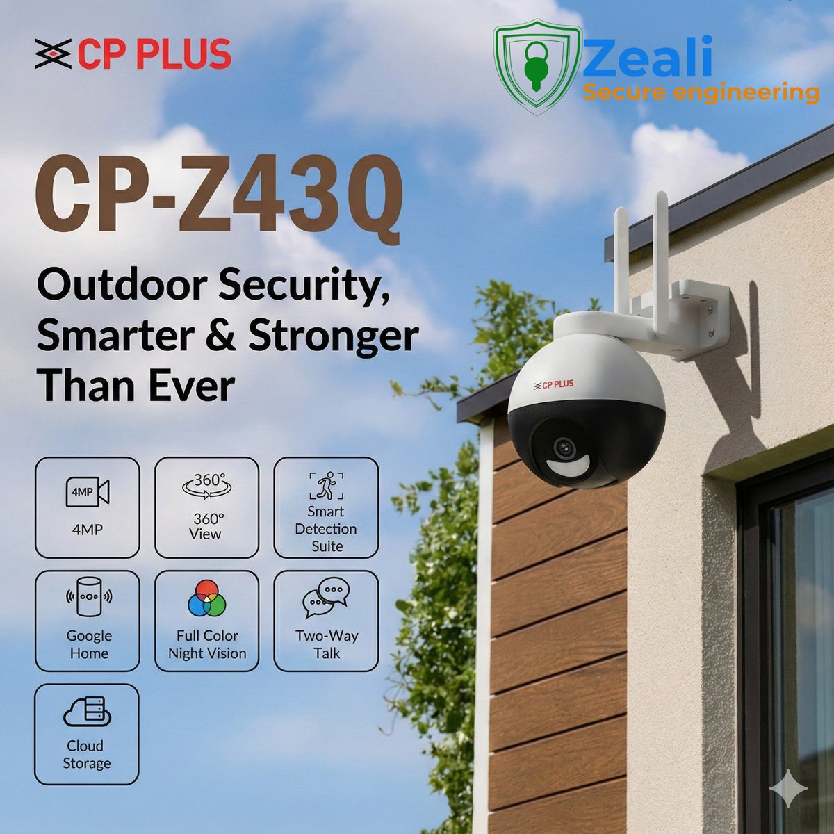 zealisecurity's tweet image. Smart, secure, and always watching — check out the 𝐂𝐏 𝐏𝐋𝐔𝐒 𝐞𝐳𝐲𝐊𝐚𝐦+ 𝐂𝐏-𝐙𝟒𝟑𝐐:
•4 MP Quad HD
•360° Pan &amp;amp; Tilt
•Full-color night vision
•AI-powered human detection
•Two-way talk + built-in siren
•Cloud + SD storage
#CPPLUS #SmartSecurity #CCTVCamera