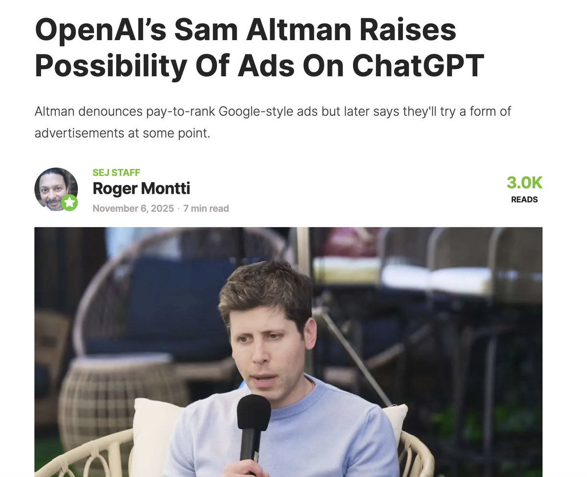 Martinoleary's tweet image. Sam Altman 2024 &quot;we&apos;re never doing ads on ChatGPT&quot;

Sam Altman Nov 2025 &quot;I expect it&apos;s something we&apos;ll try&quot;

everyone has principles until they need to hit revenue targets.