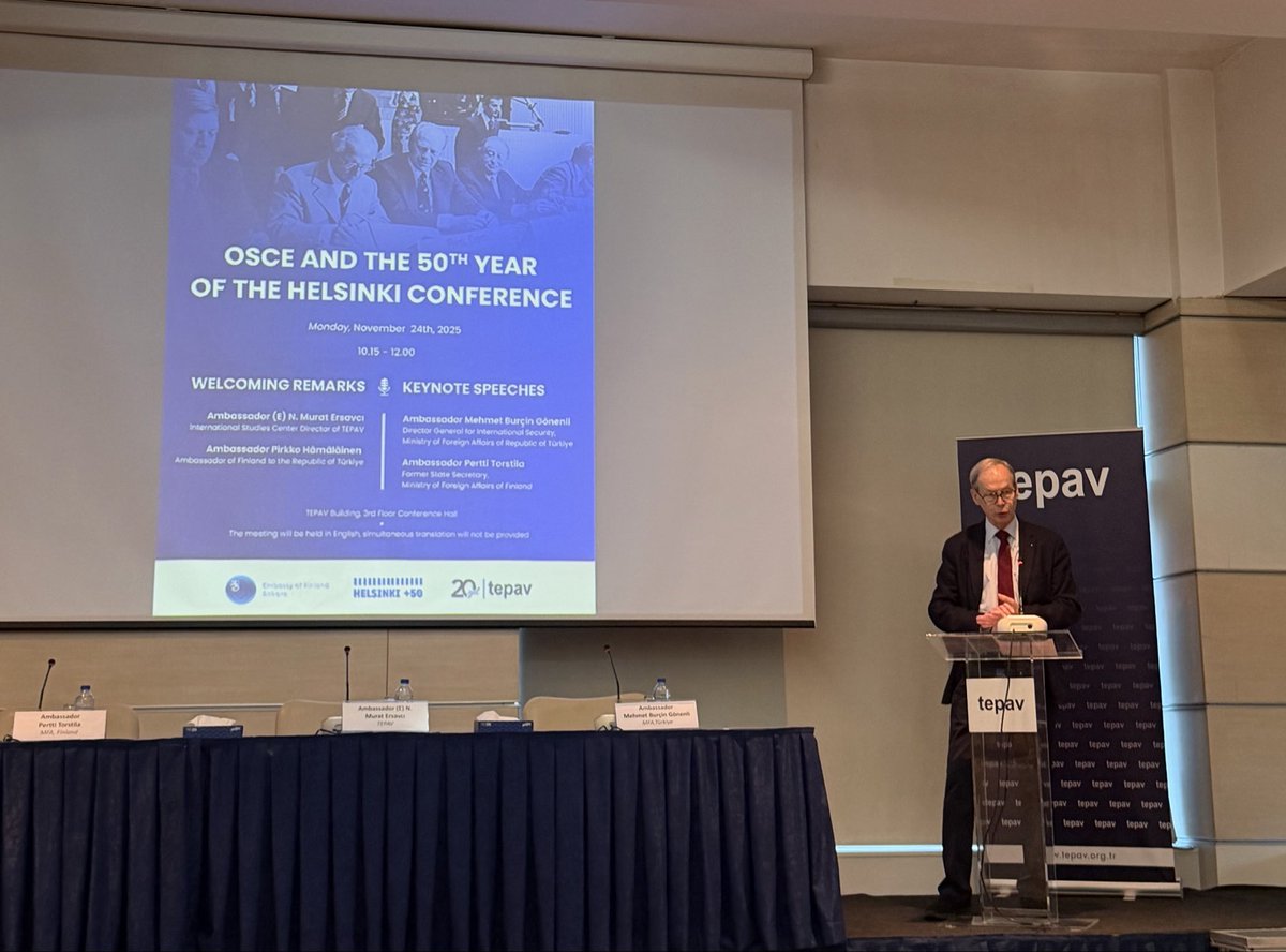 Attending the ‘OSCE and the 50th Year of the Helsinki Conference’ at the Economic Policy Research Foundation of Türkiye (TEPAV). A valuable opportunity to reflect on the legacy of the Helsinki Final Act and today’s security challenges.
<a href="/TEPAV/">tepav</a> <a href="/FinEmbAnkara/">Embassy of Finland in Ankara</a>