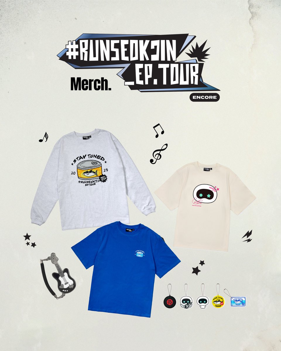 HYBE_MERCH's tweet image. 진 (Jin) &apos;RUNSEOKJIN_EP.TOUR&apos; ENCORE Merch. 온라인 판매 안내 

✅ TOUR MINI CHARM (Incheon)
✅ Lucky Draw
✅ S/S T-SHIRT Encore Ver.
✅ S/S T-SHIRT Wootteo Ver. 
✅ L/S T-SHIRT Encore Ver.

🐟 상품 미리보기: go.weverse.io/qt3S/xhbibo5j
📅 판매 오픈: 2025. 11. 25. 12PM (KST)
📍…