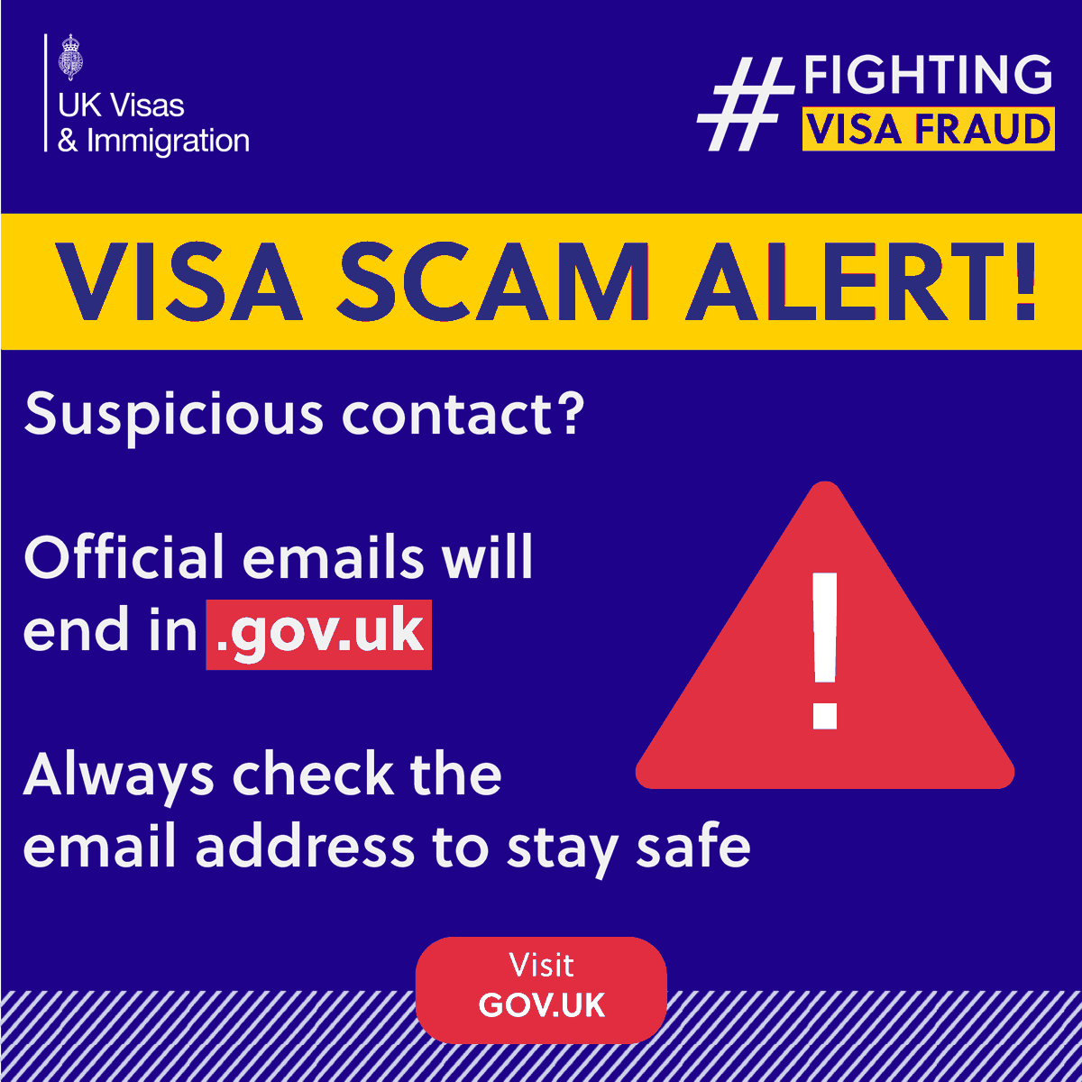 UKinUganda's tweet photo. 🚨 VISA SCAM ALERT! 🚨

Received a suspicious email about your visa? Remember: Official 🇬🇧government emails ALWAYS end in .gov.uk

Check the sender's address carefully before responding or clicking any links!

More guidance: https://t.co/dBvvsMPY0c

#FightingVisaFraud #FraudWeek https://t.co/QNPhNlHGRI