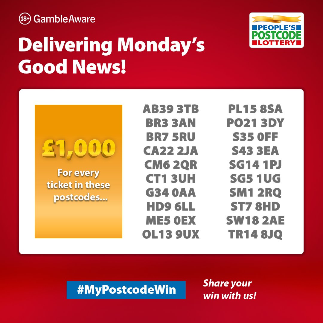 PostcodeLottery's tweet image. We’re not even 8 hours in and it’s already a winning Monday!
£1,000 for TWENTY postcodes 💷 Do you spot yours?
Huge congrats to our #PostcodeLotteryPeople 🎉