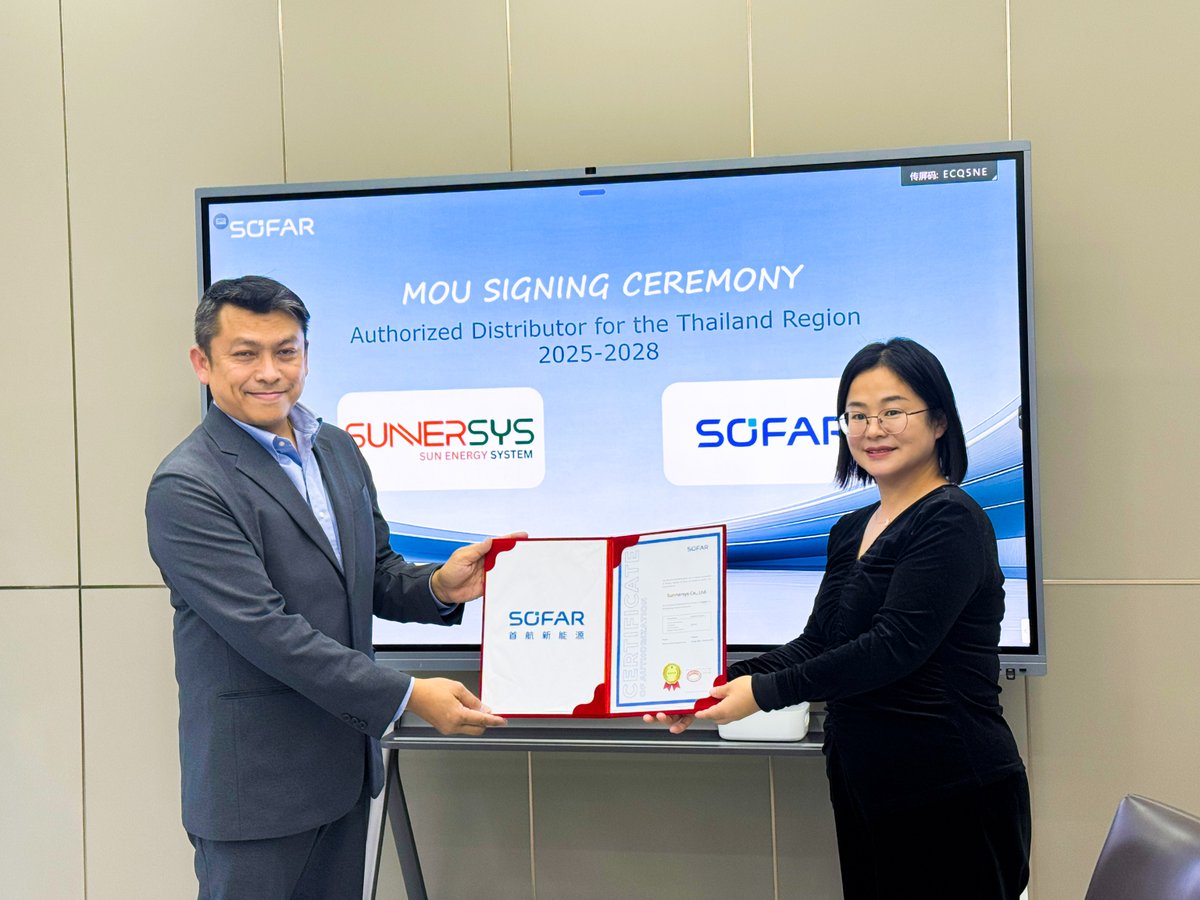 SZ_SOFARSOLAR's tweet image. Excited to host Sunnersys Co., Ltd. at our Huizhou HQ! We signed the Authorized Distributor Agreement for Thailand (2025-2028), enhancing our commitment to reliable solar solutions. #SOFAR #ThailandSolar #Partnership #EnergyStorage.