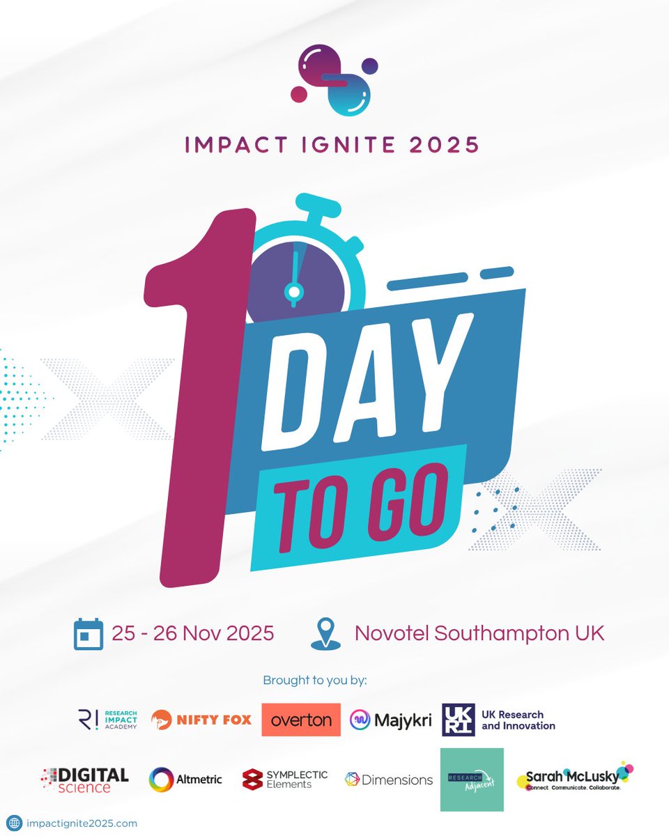 Just 1 day to go until Impact Ignite 2025!

Get ready for two days of powerful plenary sessions, inspiring stories, practical insights and new connections in the world of research impact.

Haven’t secured your place yet? Last chance: impactignite2025.com

#ImpactIgnite2025