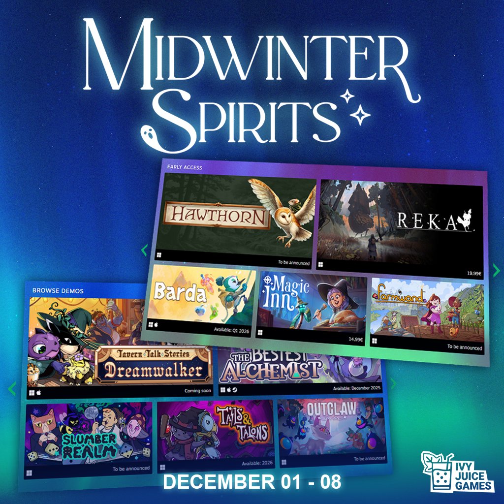 ❄️ Save the Dates - Midwinter Spirits is coming to Steam ❄️

✨December 01 &amp; December 08

Follow us on Steam to stay up to date: store.steampowered.com/publisher/ivyj…