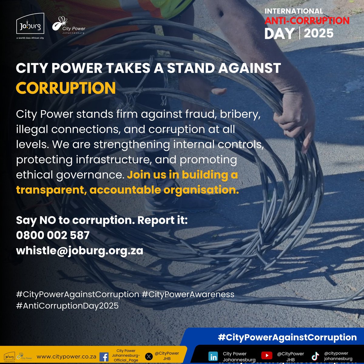 CityPowerJhb's tweet image. City Power remains committed to strengthening transparency and accountability across all our operations. We are taking active steps to prevent fraud, bribery, illegal connections and other forms of corruption that undermine service delivery.

If you encounter any form of…