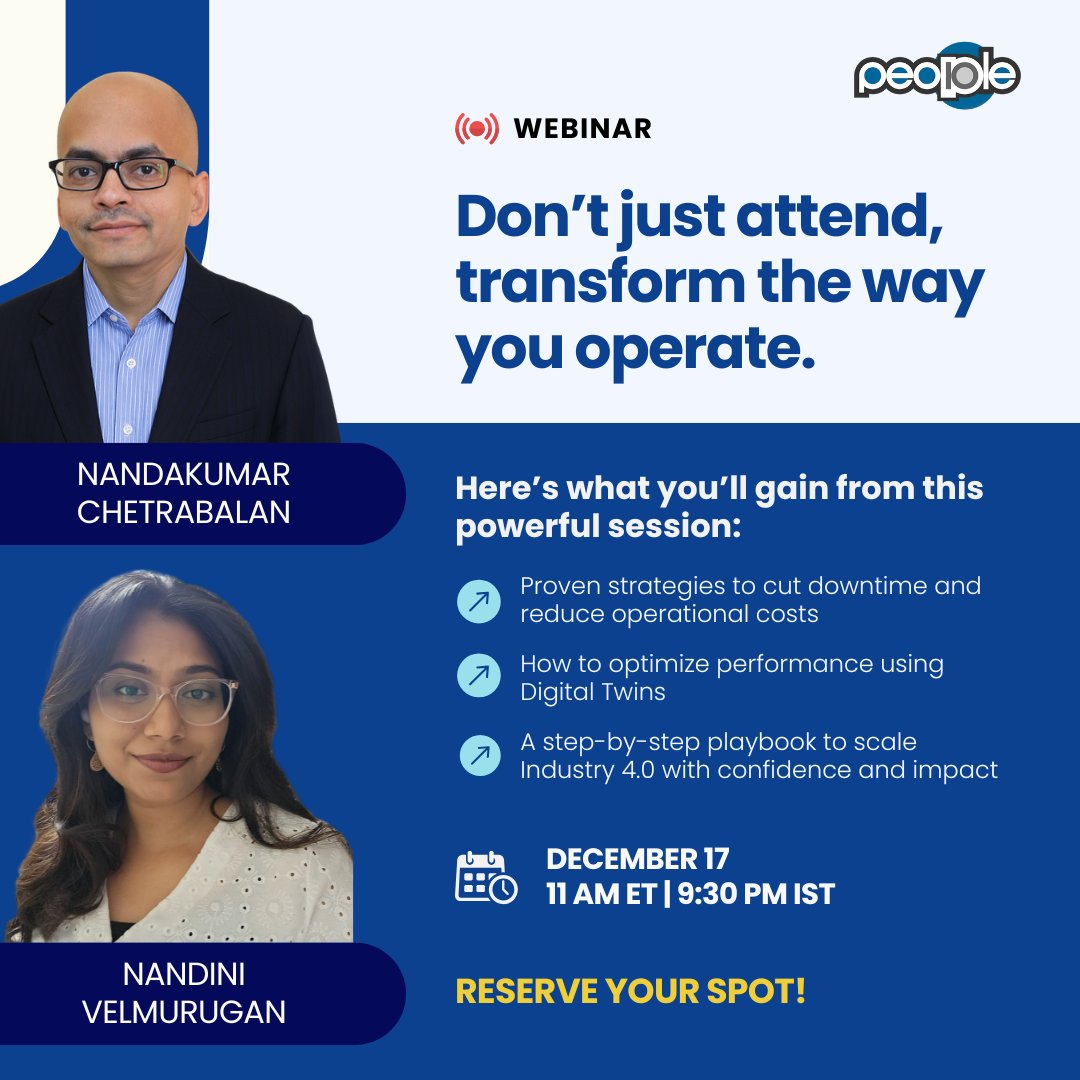 people_10's tweet image. What’s in it for you?

🎯 Real strategies, zero fluff. Get actionable insights you can apply from day one to boost uptime &amp;amp; efficiency.

📅 Don’t miss out—reserve your seat now →
attendee.gotowebinar.com/register/34041…

#DigitalTwins #PredictiveMaintenance #Industry40 #People10